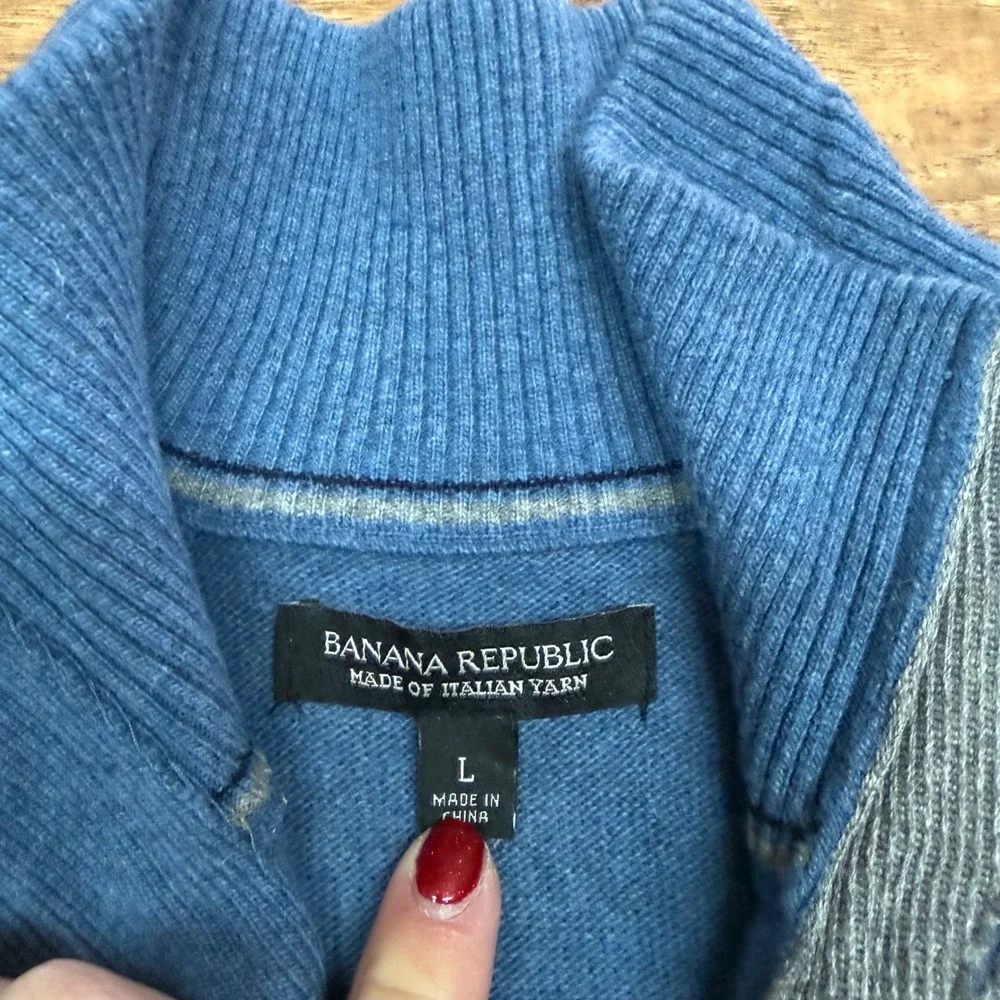 Banana Republic Mens L Blue Italian Yarn Button‎ 1/4 Zip Mock Neck Sweater READ